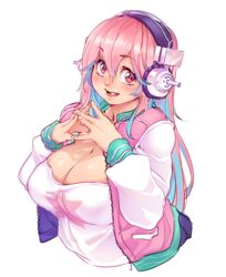  absurdres aqua_hair bad_id bad_pixiv_id blush breasts cleavage commentary_request female gofa headphones highres jacket large_breasts letterman_jacket long_hair looking_at_viewer multicolored_hair nitroplus open_mouth pink_eyes pink_hair pink_jacket shirt smile solo super_sonico t-shirt two-tone_hair upper_body virtual_youtuber white_jacket 