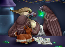  accipitriform anthro avian bird duo feral jumpstart_games laboratory lenny_(neopets) male neopet_(species) neopets petpet_(neopets) scientist the13thblackcat vulture 