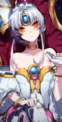  bare_shoulders bracelet braid choker code:_empress_(elsword) collarbone commentary_request crown detached_sleeves elsword eve_(elsword) facial_mark female forehead_jewel gem highres jewelry korean_commentary throne upapa 