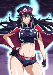  black_gloves black_hair breasts commentary_request contrapposto cowboy_shot crop_top female fingerless_gloves gloves green_eyes groin hair_between_eyes hand_on_own_hip hat impossible_clothes jacket jacket_on_shoulders large_breasts long_hair looking_at_viewer midriff namakemono_(u446644k) navel ouga_makyouin peaked_cap scar scar_on_cheek scar_on_face serious short_shorts shorts solo stomach yuragisou_no_yuuna-san 