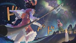  2girls bare_legs black_hair bow bracelet broken broken_chain candle chains comic_panel_redraw cuffs derivative_work detached_sleeves dodododo dress frilled_dress frills from_behind glowing glowing_eyes gohei hair_tubes hairbow hakurei_reimu highres horns ibaraki_douji_(touhou) ibaraki_kasen jewelry jojo_no_kimyou_na_bouken long_hair meme multicolored_clothes multiple_girls no_mouth nontraditional_miko oh?_you&#039;re_approaching_me?_(meme) oni_horns oversized_object pink_hair shackles short_hair skull sky sleeveless sound_effects space spoilers star_(sky) stardust_crusaders starry_sky tabard teasmacker touhou walking wide_sleeves wild_and_horned_hermit wily_beast_and_weakest_creature 