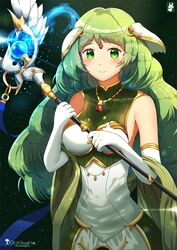  armor artist_name breastplate chinchongcha closed_mouth dress elbow_gloves female fire_emblem fire_emblem_echoes:_shadows_of_valentia gloves green_eyes green_hair hair_ornament highres holding holding_staff jewelry long_hair necklace sleeveless sleeveless_dress smile solo staff tatiana_(fire_emblem) upper_body white_gloves 