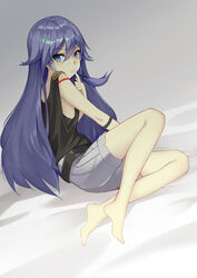  absurdres barefoot bed_sheet black_shirt blue_eyes blue_hair bra_strap bracelet carrier china_dress chinese_clothes chinese_commentary closed_mouth clothing_cutout commentary_request dragon_print dress female frown fu_hua fu_hua_(night_squire) fu_hua_(rustic_noir) grey_background grey_hair grey_shorts hair_between_eyes highres honkai_(series) honkai_impact_3rd jewelry long_hair looking_at_viewer low-cut_armhole off_shoulder official_alternate_costume partial_commentary photoshop_(medium) shirt short_shorts shorts side_cutout sitting sleeveless sleeveless_shirt solo very_long_hair white_shorts xie_wang 