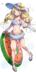  :d absurdres ankle_strap bag bang_dream! bikini bikini_skirt blonde_hair blue_bikini blush bracelet breasts cleavage commentary_request earrings female flower food-themed_earrings food_print frilled_bikini frilled_footwear frills full_body hair_flower hair_ornament handbag hat hat_flower hat_ribbon highres innertube jewelry kiwi_hair_ornament long_hair low_twintails navel nogi_momoko open_mouth photoshop_(medium) pink_flower pink_ribbon platform_footwear red_flower ribbon sandals small_breasts smile solo standing standing_on_one_leg sun_hat sunflower swim_ring swimsuit toes tsurumaki_kokoro twintails water_drop watermelon_innertube watermelon_print white_background white_hat yellow_eyes yellow_flower 