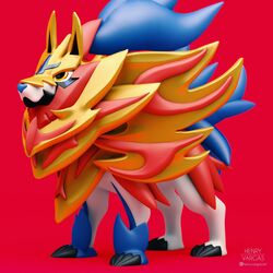  1:1 2019 3d_(artwork) blue_nose canid canine crowned_shield_zamazenta digital_media_(artwork) feral generation_8_pokemon henry_vargas hi_res legendary_pokemon looking_forward mammal multicolored_body nintendo pokemon pokemon_(species) red_background side_view signature simple_background solo standing three-quarter_view zamazenta 