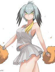  alternate_costume ass bare_shoulders blonde_hair blush cheerleader closed_mouth clothes_writing commentary cowboy_shot english_commentary female from_side green_eyes grey_hair grey_shirt grey_skirt hair_between_eyes head_wings highres kemono_friends looking_at_viewer multicolored_hair nyxkz pom_pom_(cheerleading) serious shirt shoebill_(kemono_friends) simple_background single_sidelock skirt sleeveless sleeveless_shirt solo sweat two-tone_hair v-shaped_eyebrows white_background wings wristband 