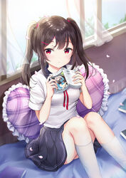  bad_id bad_pixiv_id black_skirt blush book brown_hair cherry_blossoms curtains day female frilled_pillow frills frown hair_ornament hairclip heart heart-shaped_pillow highres holding holding_book indoors kneehighs looking_at_viewer looking_to_the_side luzzi_(milllim) novel_(object) on_bed open_window original petals photoshop_(medium) pillow plaid pleated_skirt red_eyes red_ribbon ribbon shirt sidelocks sitting skirt sleeves_rolled_up socks solo thighs twintails uniform white_shirt white_socks wind window 