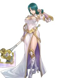  armpits axe battle_axe boots braid breasts bridal_gauntlets circlet cleavage closed_mouth dress female fire_emblem fire_emblem_heroes full_body green_hair hand_up high_heel_boots high_heels highres holding holding_weapon jewelry knee_boots large_breasts lips long_sleeves looking_at_viewer maeshima_shigeki official_art side_slit single_braid smile solo striped thighs thorr_(fire_emblem) tied_hair transparent_background vertical_stripes weapon white_dress white_footwear yellow_eyes 