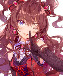  ;p black_gloves blue_eyes bow brown_hair commentary_request earrings elbow_gloves female floating_hair gem gloves hairbow ichinose_shiki idolmaster idolmaster_cinderella_girls idolmaster_cinderella_girls_starlight_stage index_finger_raised inzup jewelry long_hair looking_at_viewer one_eye_closed print_gloves red_bow red_ribbon ribbon solo striped striped_bow tongue tongue_out two_side_up upper_body very_long_hair 