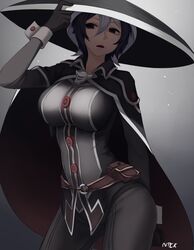  artist_name belt belt_pouch black_cape black_eyes black_gloves black_hair breasts cape commentary contrapposto cowboy_shot english_commentary female gloves gradient_background grey_hair hair_between_eyes hand_on_headwear highres large_breasts made_in_abyss multicolored_hair no_pupils nyxkz o-ring open_mouth ozen pouch short_hair simple_background solo streaked_hair two-tone_hair wrist_cuffs 