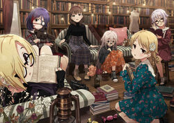  6+girls black_shirt blonde_hair blue_dress blush book boots bottle brown_hair candy chair couch cross-laced_footwear dress eyepatch flower food glasses hair_flower hair_ornament hair_over_one_eye hairband hayasaka_mirei high-waist_skirt highres holding holding_stuffed_toy hoshi_syoko idolmaster idolmaster_cinderella_girls individuals_(idolmaster) indoors kawaii_boku_to_142&#039;s_(idolmaster) koshimizu_sachiko lace-up_boots lamp library light_brown_hair long_hair long_sleeves looking_at_viewer mannequin medium_hair mirror morikubo_nono multicolored_hair multiple_girls mushroom on_floor open_mouth orange_dress plaid plaid_shirt plaid_skirt pot purple_hair red_dress red_hair sakuma_mayu shirasaka_koume shirt shoes short_hair skirt smile sneakers sonsoso stool streaked_hair striped_clothes striped_dress stuffed_animal stuffed_toy teddy_bear under_the_desk_(idolmaster) unworn_shoes vertical-striped_clothes vertical-striped_dress white_hair wooden_floor 