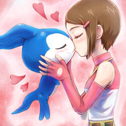  blush breasts brown_hair chibimon commentary_request digimon digimon_(creature) digimon_adventure digimon_adventure_02 female gloves hair_ornament highres kissing short_hair toriatto_gununu yagami_hikari 