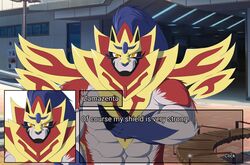  2019 abs akumi_(artist) canid canine crowned_shield_zamazenta detailed_background english_text front_view generation_8_pokemon hi_res legendary_pokemon looking_at_viewer male mammal muscular muscular_male nintendo pokemon pokemon_(species) solo text zamazenta 