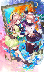  2girls :d atelier_(series) atelier_lydie_&amp;_suelle black_footwear black_gloves black_hairband black_legwear black_ribbon black_skirt book boots breasts brown_hair closed_mouth commentary crescent crop_top dress fire flower frilled_hairband frills gem gloves green_dress gun hair_between_eyes hair_ribbon hairband highres holding_hands interlocked_fingers long_hair looking_at_viewer looking_to_the_side lydie_marlen medium_breasts multiple_girls open_mouth painting_(object) photoshop_(medium) picture_frame pleated_skirt puffy_short_sleeves puffy_sleeves red_eyes red_gemstone ribbon rose shirt short_sleeves siblings side_ponytail single_glove sisters skirt smile suelle_marlen swd3e2 thighhighs twins water weapon white_flower white_rose white_shirt wrist_cuffs 