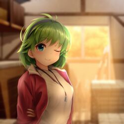  absurdres ahoge alternate_costume ameno_sagiri_(artist) arms_behind_back between_breasts blue_eyes blurry blurry_background breasts commentary_request contemporary dusk female fire_emblem fire_emblem:_the_blazing_blade green_hair gym_uniform hairband highres indoors jacket looking_at_viewer medium_breasts nino_(fire_emblem) one_eye_closed red_jacket shirt short_hair smile solo storage_room sunlight track_jacket track_suit upper_body whistle white_shirt window 