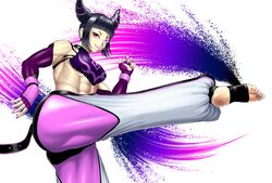  1girls abs artist_request black_hair breasts capcom drill_hair elbow_gloves feet female female_only fingerless_gloves gloves juri_han muscles muscular_female pink_toenails purple_hair smile solo solo_focus street_fighter toned twin_drills 