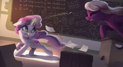  2019 absurd_res big_macintosh_(mlp) cheerilee_(mlp) classroom cutie_mark detailed_background duo earth_pony english_text equid equine female feral friendship_is_magic fur green_eyes hair hasbro hi_res horn horse humor inside mammal multicolored_hair multicolored_tail my_little_pony mythological_creature mythological_equine mythology paper pink_hair pink_tail pony purple_body purple_fur purple_hair purple_tail school sugar_belle_(mlp) sweetie_belle_(mlp) tail text unicorn vanillaghosties white_body white_fur white_hair young 