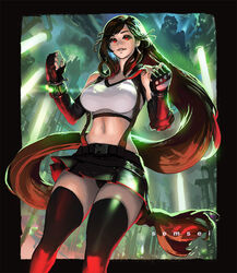  absurdly_long_hair bare_shoulders black_skirt breasts brown_hair city clenched_hands commentary_request crop_top david_semsei earrings elbow_gloves elbow_pads english_commentary female final_fantasy final_fantasy_vii final_fantasy_vii_remake fingerless_gloves from_below gloves jewelry large_breasts long_hair low-tied_long_hair midriff miniskirt mixed-language_commentary navel outdoors pencil_skirt photoshop_(medium) red_eyes shirt skirt smirk solo suspender_skirt suspenders tank_top taut_clothes taut_shirt thighhighs tifa_lockhart very_long_hair 