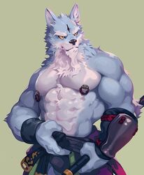  2019 abs anthro arm_guards canid canine canis clothing eyebrows law_(sdorica) male mammal moodraw muscular muscular_anthro muscular_male nipple_piercing nipple_ring nipples piercing ring_piercing sdorica solo wolf yellow_sclera 