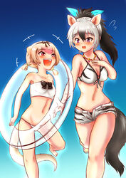  +++ 2girls :d aardwolf_(kemono_friends) aardwolf_print absurdres adapted_costume alternate_hairstyle animal_ears animal_print anteater_ears anteater_tail aqua_bow bare_arms bare_legs bare_shoulders barefoot bead_necklace beads bikini bikini_under_clothes black_bow black_hair blonde_hair blush bow bowtie breasts buttons collarbone commentary_request cutoffs day extra_ears feet_out_of_frame front-tie_bikini_top front-tie_top grey_hair groin hair_between_eyes hairband hairbow hakumaiya halterneck hand_on_own_chest hand_up happy height_difference high_ponytail highres holding_hands jewelry kemono_friends long_hair looking_at_another low_twintails medium_breasts multicolored_hair multiple_girls navel necklace open_clothes open_fly open_mouth open_shorts outdoors pink_hair ponytail print_bikini print_swimsuit purple_eyes red_eyes running sandals short_hair short_shorts short_twintails shorts sidelocks silky_anteater_(kemono_friends) small_breasts smile stomach swimsuit tail teeth toes twintails twisted_torso two-tone_hair unbuttoned upper_teeth_only white_bikini 