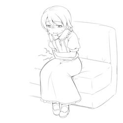  bad_id bad_pixiv_id collared_dress couch dress female greyscale idolmaster idolmaster_cinderella_girls long_hair monochrome morikubo_nono on_couch parted_lips photoshop_(medium) puffy_short_sleeves puffy_sleeves ringlets shoes short_sleeves simple_background sitting solo stomach_ache sweat uccow white_background 