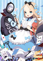  :d abigail_williams_(fate) animal apron bad_id bad_pixiv_id bell_(oppore_coppore) black_bow black_hairband black_vest blue_bow blue_butterfly blue_eyes blue_shirt blue_skirt bow bug butterfly card center_frills collared_shirt colored_skin commentary_request diagonal_stripes diamond_(shape) dress_shirt dual_persona fate/grand_order fate_(series) female food forehead frilled_apron frills glasses hairband hairbow heart highres holding holding_key hugging_object key keyhole keyring lavinia_whateley_(fate) light_brown_hair maid_apron mirror multiple_hair_bows octopus open_mouth pancake pancake_stack pantyhose parted_bangs pince-nez playing_card puffy_short_sleeves puffy_sleeves purple_eyes reflection sharp_teeth shirt short_sleeves skirt smile solo_focus spade_(shape) striped striped_background striped_bow stuffed_animal stuffed_toy suction_cups teddy_bear teeth tentacle tokitarou_(fate) v-shaped_eyebrows vertical_stripes vest white_apron white_hair white_legwear white_skin 