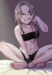  abs amagiri_(kantai_collection) bed_sheet bra crossed_legs earrings female glasses jewelry kantai_collection legs lips long_hair looking_at_viewer midriff mouth navel ponytail sitting solo stomach toned training_bra underwear uyama_hajime 