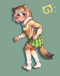  &gt;:) absurdres animal_ears black-tailed_prairie_dog_(kemono_friends) blonde_hair blush brown_eyes brown_hair brown_thighhighs clenched_hands commentary english_commentary female full_body fur_collar green_background green_skirt highres japari_symbol kemono_friends lilredronin long_sleeves looking_at_viewer looking_back multicolored_hair plaid plaid_skirt pleated_skirt shoes short_hair simple_background skirt smile solo tail thighhighs two-tone_hair v-shaped_eyebrows zettai_ryouiki 