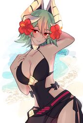  absurdres arukioki bad_id bad_twitter_id black_one-piece_swimsuit breasts cleavage commentary dark-skinned_female dark_skin female fire_emblem fire_emblem_heroes flower gradient_hair green_hair hair_flower hair_ornament highres laegjarn_(fire_emblem) laegjarn_(summer)_(fire_emblem) multicolored_hair one-piece_swimsuit orange_hair red_eyes sarong short_hair solo swimsuit upper_body 