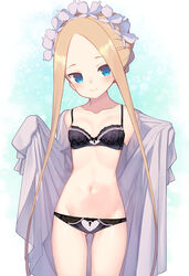  abigail_williams_(fate) alternate_costume ass_visible_through_thighs bad_id bad_pixiv_id bell_(oppore_coppore) black_bra black_panties blonde_hair blue_eyes blush bra breasts closed_mouth collarbone commentary_request fate/grand_order fate_(series) female forehead groin highres holding lace lace-trimmed_bra lace-trimmed_panties lace_trim long_hair looking_at_viewer maid_headdress navel open_clothes panties simple_background small_breasts smile solo standing underwear very_long_hair 