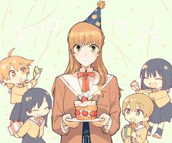  5girls :d :o ^_^ animal_print birthday birthday_cake box cake cake_slice candle cat_print chibi closed_eyes commentary_request confetti dated food fruit gift gift_box grin happy_birthday hat holding holding_gift holding_plate igarashi_midori koito_yuu low_twintails multiple_girls nakatani_nio nanami_touko open_mouth party_hat party_popper plate print_headwear saeki_sayaka school_uniform shoes short_hair smile strawberry streamers tohmi_higashi_high_school_uniform twintails uwabaki yagate_kimi_ni_naru yoshida_manaka 