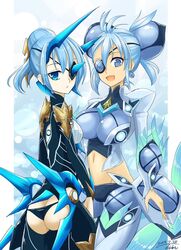  2girls armor ass blue_eyes blue_hair blush breasts butt_crack commentary_request dark-skinned_female dark_skin eyepatch hair_ornament highres hisin large_breasts long_hair looking_at_viewer multiple_girls open_mouth pauldrons polearm praxis_(xenoblade) short_hair shoulder_armor siblings simple_background sisters smile theory_(xenoblade) weapon white_background xenoblade_chronicles_(series) xenoblade_chronicles_2 