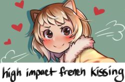  animal_ears black-tailed_prairie_dog_(kemono_friends) blonde_hair blush brown_eyes brown_hair close-up commentary_request english_text female fur_collar green_background heart high_impact_sexual_violence_(meme) kemono_friends lilredronin looking_at_viewer meme multicolored_hair portrait puff_of_air short_hair simple_background smile solo two-tone_hair 