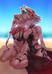  2girls abs absurdres bad_id bad_pixiv_id barefoot beach black_one-piece_swimsuit blue_sky breasts check_commentary cleavage collarbone commentary commentary_request criss-cross_halter dark-skinned_female dark_skin day fake_horns fire_emblem fire_emblem_heroes flower fukadumeasadume gradient_hair green_hair hair_between_eyes hair_flower hair_ornament halterneck highres holding_hands horned_headwear horns kneeling laegjarn_(fire_emblem) laegjarn_(summer)_(fire_emblem) laevatein_(fire_emblem) laevatein_(summer)_(fire_emblem) large_breasts long_hair multicolored_hair multiple_girls muscular navel ocean one-piece_swimsuit orange_hair outdoors pink_hair red_eyes red_flower short_hair siblings sisters sitting sky smile swimsuit thigh_strap twintails yokozuwari yuri 