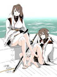  2girls barefoot brown_eyes brown_hair brown_hakama character_name commentary_request hair_ribbon hakama hakama_skirt head_tilt headband highres hyuuga_(kancolle) ise_(kancolle) japanese_clothes kantai_collection katana lips looking_at_viewer multiple_girls nail_polish ponytail remodel_(kantai_collection) ribbon short_hair sitting skirt sword undershirt uzaki_(jiro) water weapon white_headband wide_sleeves 