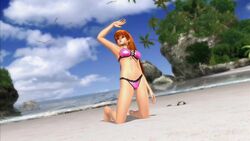  1280x720 3d beach bikini dead_or_alive dead_or_alive_xtreme_beach_volleyball kasumi kasumi_(doa) kneeling long_hair mizugi navel ocean palm_tree pink_bikini red_hair sand swimsuit tecmo tree wallpaper water 