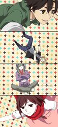  2boys 2girls aged_down argyle_background ayano_no_koufuku_riron_(vocaloid) bangs_pinned_back black_footwear black_hair black_jacket blonde_hair blue_background blue_pants boots brown_eyes buttons cioccolatodorima closed_mouth commentary creator_name crossed_arms diamond_(shape) dress english_commentary from_side full_body green_eyes green_footwear green_hair green_jumpsuit green_pants grey_shirt hair_between_eyes hair_ornament hairclip highres hood hood_up hoodie indian_style jacket jumpsuit kagerou_project kano_shuuya kido_tsubomi long_hair looking_ahead looking_at_viewer looking_to_the_side multicolored_background multiple_boys multiple_girls official_style open_clothes open_jacket open_mouth pants pants_tucked_in pinafore_dress pink_background pink_dress purple_hoodie red_background red_eyes red_scarf scarf seto_kousuke shirt shoelaces shoes short_hair short_sleeves sitting sleeveless sleeveless_dress sleeves_rolled_up smile sneakers song_name split_screen tateyama_ayano two-tone_footwear untucked_shirt upper_body upside-down white_footwear white_shirt x_hair_ornament yellow_background yellow_eyes 