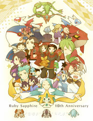  6+boys 6+girls anniversary asari_toko bad_id bad_pixiv_id bandana beard birch_(pokemon) blue_hair blue_sarong brawly_(pokemon) brendan_(pokemon) brown_hair copyright_name deoxys deoxys_(normal) everyone facial_hair flannery_(pokemon) flower glacia_(pokemon) green_hair grey_hair grin groudon hair_flower hair_ornament hat highres holding holding_poke_ball jirachi kyogre latias latios laughing liza_(pokemon) may_(pokemon) mudkip multiple_boys multiple_girls norman_(pokemon) one_eye_closed phoebe_(pokemon) pointing poke_ball pokemon pokemon_(creature) pokemon_rse print_sarong ralts rayquaza red_hair regice regirock registeel roxanne_(pokemon) sarong sidney_(pokemon) smile star_(symbol) steven_stone tate_(pokemon) torchic treecko v wallace_(pokemon) wally_(pokemon) wattson_(pokemon) white_hair winona_(pokemon) 