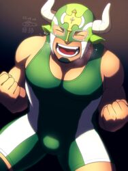  1boy :d animal_ears bara blush bulge cow_ears cow_horns crying dark-skinned_male dark_skin facial_hair feet_out_of_frame from_above goatee happy_tears highres horns ikusaba_daisuke knee_pads large_pectorals male_focus multicolored_hair muscular muscular_male pectoral_cleavage pectorals raised_fists sidepec singlet smile solo sparkle spotlight taurus_mask tears thighs tight_clothes tokyo_afterschool_summoners two-tone_hair wrestling_outfit yowaifish 