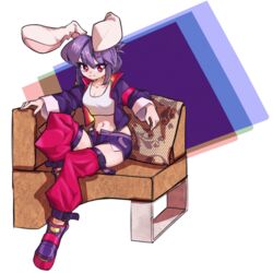  alternate_costume alternate_hairstyle animal_ears boots breasts cleavage commentary cushion female full_body grin highres jacket knee_up long_sleeves looking_at_viewer medium_hair midriff nanoko541571609 navel open_clothes open_fly open_jacket pink_leg_warmers purple_footwear purple_hair purple_jacket purple_shorts rabbit_ears rabbit_girl red_eyes red_jacket reisen_udongein_inaba shorts sitting smile solo tank_top touhou two-sided_fabric two-sided_jacket white_tank_top 