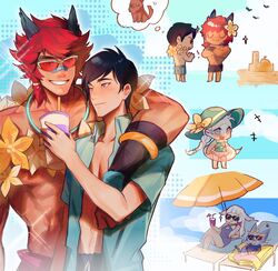  2boys 2girls :3 alune_(league_of_legends) animal_ears aphelios aqua_shirt bandaid bandaid_on_face bandaid_on_nose black_hair black_male_swimwear chibi closed_mouth crossed_arms feline fiiiiiiisher7 flower flower_necklace highres jewelry league_of_legends male_swimwear multiple_boys multiple_girls muscular muscular_male necklace official_alternate_costume open_clothes open_shirt pool_party_sett red_hair sett&#039;s_mother_(league_of_legends) sett_(league_of_legends) shirt short_hair smile sunglasses teeth topless_male white_hair yuumi_(league_of_legends) 