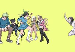  3boys 3girls :d amami_rantaro antenna_hair arm_up ass barbed_wire black_choker black_footwear black_hair black_jacket blonde_hair blush boots breasts brown_hair brown_pants buttons chabashira_tenko checkered_clothes checkered_scarf choker closed_eyes collarbone danganronpa_(series) danganronpa_v3:_killing_harmony goggles goggles_on_head green_hair green_shirt green_skirt grey_jacket grey_pants hair_between_eyes high_heel_boots high_heels hoshi_ryoma invisible_chair iruma_miu jacket jewelry kneehighs large_breasts layered_skirt long_hair multiple_boys multiple_girls necklace oma_kokichi pants sailor_collar scared scarf shachoo_(poco_poco) shirt short_hair sitting skirt smile socks striped_clothes striped_pants striped_shirt sweatdrop waving white_hair white_sailor_collar yonaga_angie 