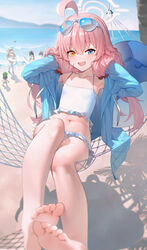  1boy 5girls absurdres ahoge armpits ayane_(blue_archive) ayane_(swimsuit)_(blue_archive) bare_shoulders barefoot beach bikini blue_archive blue_eyes blue_jacket day eyewear_on_head feet flat_chest food foot_focus foreshortening fruit halo heterochromia highres hoshino_(blue_archive) hoshino_(swimsuit)_(blue_archive) inflatable_toy inflatable_whale jacket legs long_hair long_sleeves medium_hair multiple_girls navel nonomi_(blue_archive) nonomi_(swimsuit)_(blue_archive) ocean official_alternate_costume open_clothes open_jacket outdoors petite pink_hair pink_halo serika_(blue_archive) serika_(swimsuit)_(blue_archive) shiroko_(blue_archive) shiroko_(swimsuit)_(blue_archive) short_hair soles stomach sunglasses swimsuit toenails toes watermelon white_bikini yellow_eyes zhoi_star 