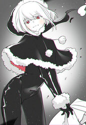  1boy bag black_bodysuit black_capelet black_gloves bodysuit capelet christmas chromatic_aberration commentary_request cowboy_shot fire floating_hair fur-trimmed_capelet fur_cuffs fur_trim gift_bag gloves gradient_background greyscale half_gloves hat highres holding holding_bag kouhara_yuyu light_blush lio_fotia looking_at_viewer male_focus monochrome official_alternate_costume otoko_no_ko pom_pom_(clothes) promare red_eyes santa_hat shiny_clothes short_hair sidelocks smile solo spot_color standing turtleneck 