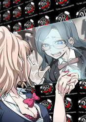  2girls black_jacket black_shirt blonde_hair blue_eyes blush bow breasts collared_shirt danganronpa:_trigger_happy_havoc danganronpa_(series) danganronpa_v3:_killing_harmony enoshima_junko eye_contact facing_another figure glasses holding_hands jacket large_breasts looking_at_another multiple_girls nail_polish neck_ribbon open_clothes open_jacket red_bow red_nails red_ribbon ribbon saliva shachoo_(poco_poco) shirogane_tsumugi shirt shirt_bow spoilers twintails white_nails white_shirt 