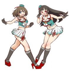  2girls blue_hair brown_hair choukai_(kancolle) choukai_kai_ni_(kancolle) crop_top full_body kantai_collection long_hair looking_at_viewer maya_(kancolle) maya_kai_ni_(kancolle) miniskirt multiple_girls red_eyes skirt smile udukikosuke white_background 