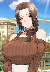  bare_shoulders blue_sky breasts brown_eyes brown_hair brown_sweater commentary female hair_intakes hair_over_shoulder highres korean_commentary large_breasts light_blush light_rays light_smile long_hair long_sleeves looking_at_viewer mole mole_under_mouth noah_(pixiv) original outdoors ribbed_sweater sidelocks sky solo sunbeam sunlight sweater taut_sweater upper_body 