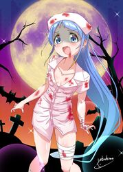  animal artist_name bandaged_hand bandaged_leg bandages bat_(animal) blood blood_on_clothes blood_on_hands blue_eyes blue_hair blush commentary_request feet_out_of_frame female halloween halloween_costume hat kantai_collection long_hair nurse nurse_cap open_mouth samidare_(kancolle) signature smile solo white_hat yokoshima_(euphoria) 