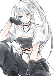  a2_(nier:automata) alternate_hairstyle black_choker black_gloves black_pants blue_eyes breasts choker cleavage closed_mouth collarbone commentary crop_top cropped_shirt english_commentary female fingerless_gloves gloves hair_between_eyes hora_k invisible_chair jewelry long_hair looking_at_viewer medium_breasts midriff mole mole_under_mouth navel necklace nier:automata nier_(series) pants ponytail sidelocks simple_background sitting solo white_background white_hair 