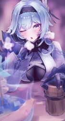  arm_rest black_gloves black_hairband blue_hair blurry blurry_background blush breasts clothing_cutout cup drinking_glass eula_(genshin_impact) female fine_fabric_emphasis genshin_impact gloves hair_ornament hairband hand_on_own_face hand_up head_rest heart heart-shaped_pupils heavy_breathing highres holding holding_cup hurricane_glass large_breasts long_sleeves looking_at_viewer medium_hair one_eye_closed open_mouth sanshoku_dango_(ahxf3842) shoulder_cutout solo_focus sweatdrop symbol-shaped_pupils upper_body white_sleeves wide_sleeves wooden_cup yellow_eyes 